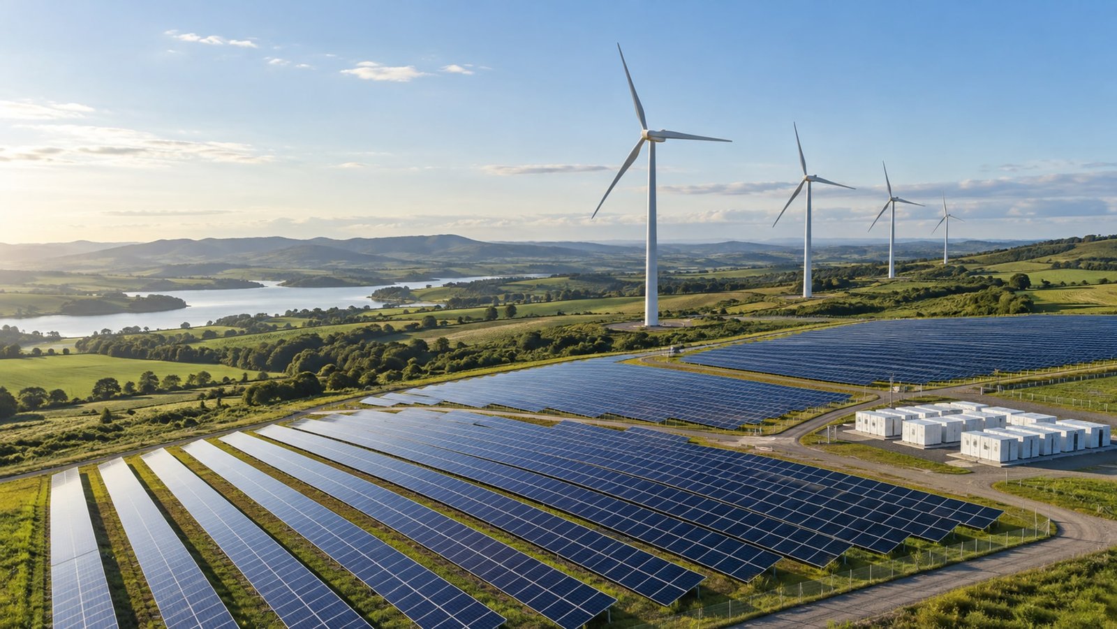Parque conceitual com geração solar, turbinas eólicas e armazenamento de energia