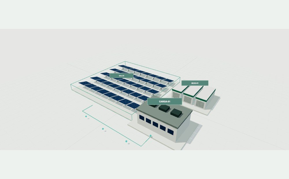 Representação 3D sintética de geração solar + bess