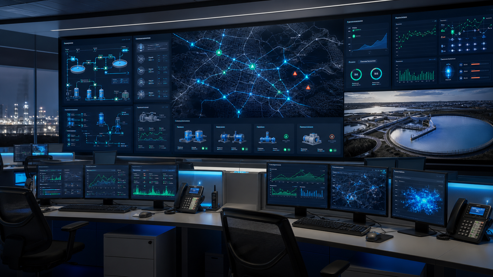 Centro operacional de saneamento com mapas de rede hídrica, dashboards e telemetria.
